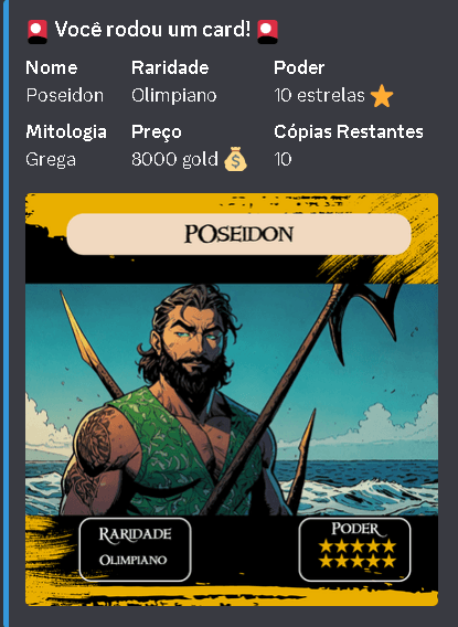 Captura do bot exibindo um card de Poseidon com raridade Olimpiano e poder de dez estrelas.